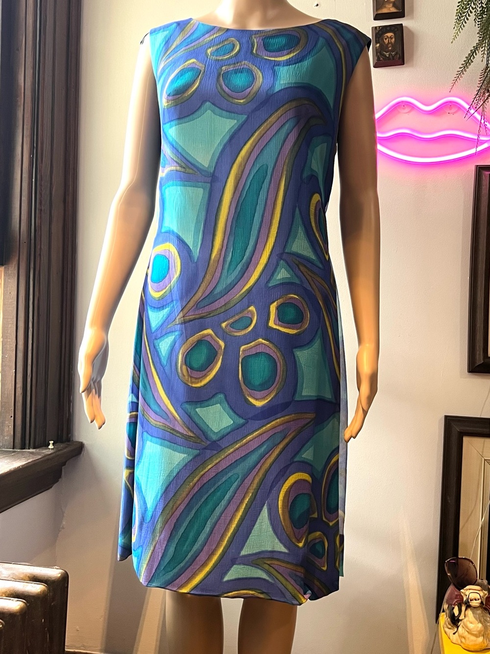 Sleeveless Vintage 50s Hand Painted Silk Chiffon Teal & Blue Abstract Midi Dress